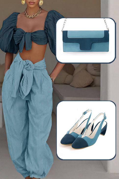 Women's peacock blue elegant slingback heels. Round toe. Medium comma heels - Worn view